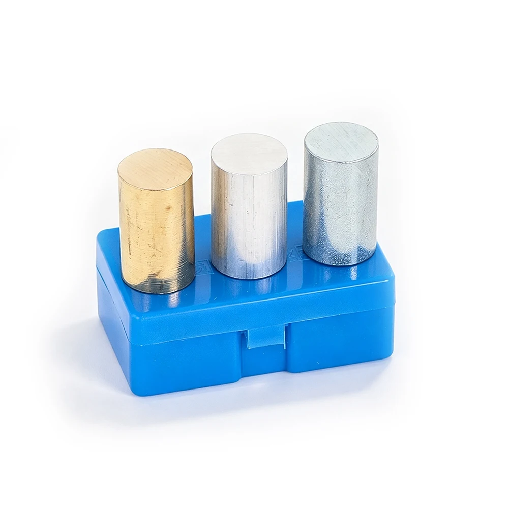 3-teiliges poliertes Metallzylinder-Set aus Messing, Aluminium und Eisen mit Kunststoffgehäuse, Lehrmittel für Schule und Labor – Detail 6