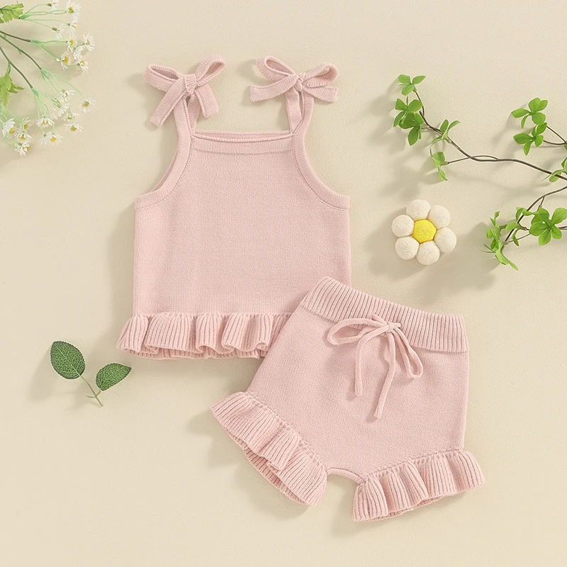 

Baby Girl Knit Shorts Set Summer Sweater Tank Tops Ruffle Hem Halter Top Newborn Knit Bloomers Ruffle Shorts Set