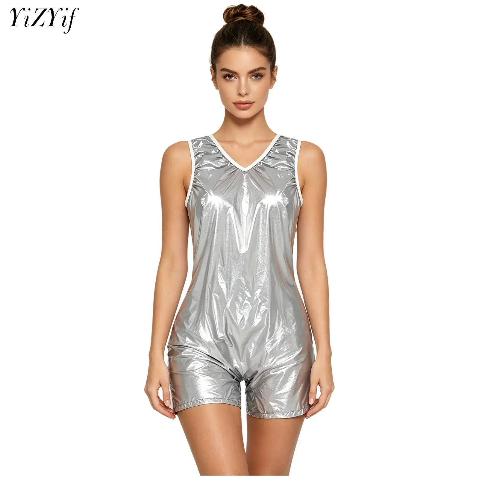 Wasserdichter Damen-Jumpsuit, Adaptive Kleidung für besondere Bedürfnisse, Glänzender V-Ausschnitt, Ärmellos, Knöpfe im Schritt, Einteiler, Bademode, Nachtwäsche