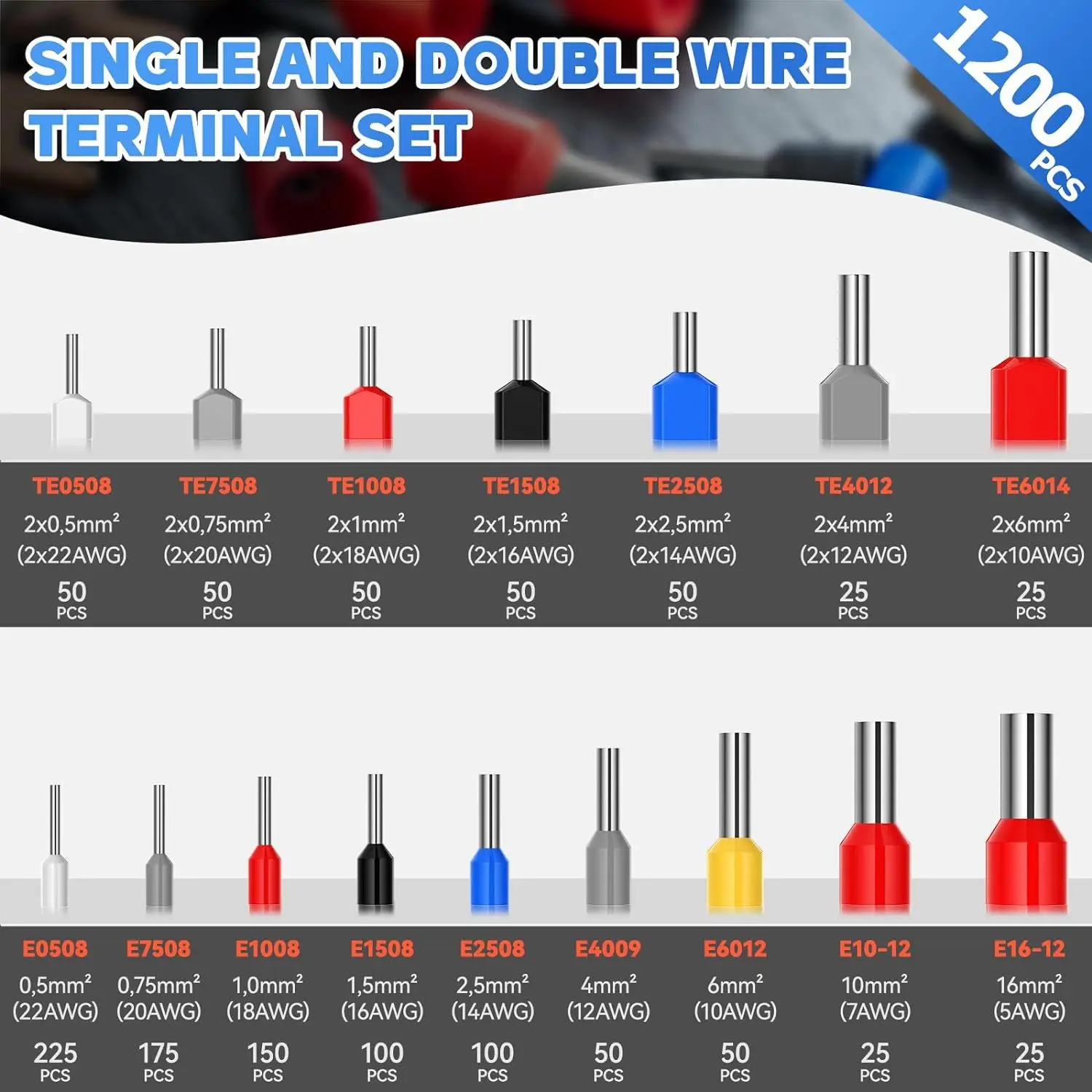 1200pcs Double Line Tube Type Pre Insulated Terminal Wire Clamp Terminal Kit