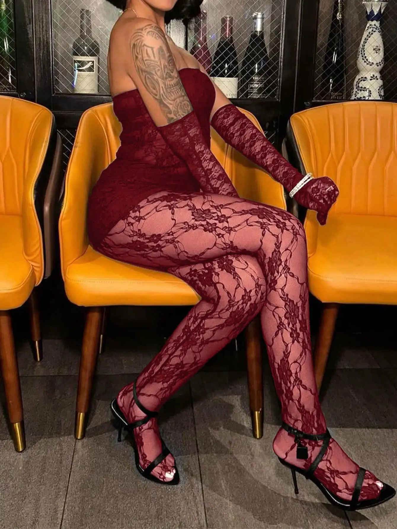 Elegantes, sexy Röhrenoberteil-Spitzenkleid für Damen, Strumpfhose aus reiner Lust-Spitze, schmales zweiteiliges Set,