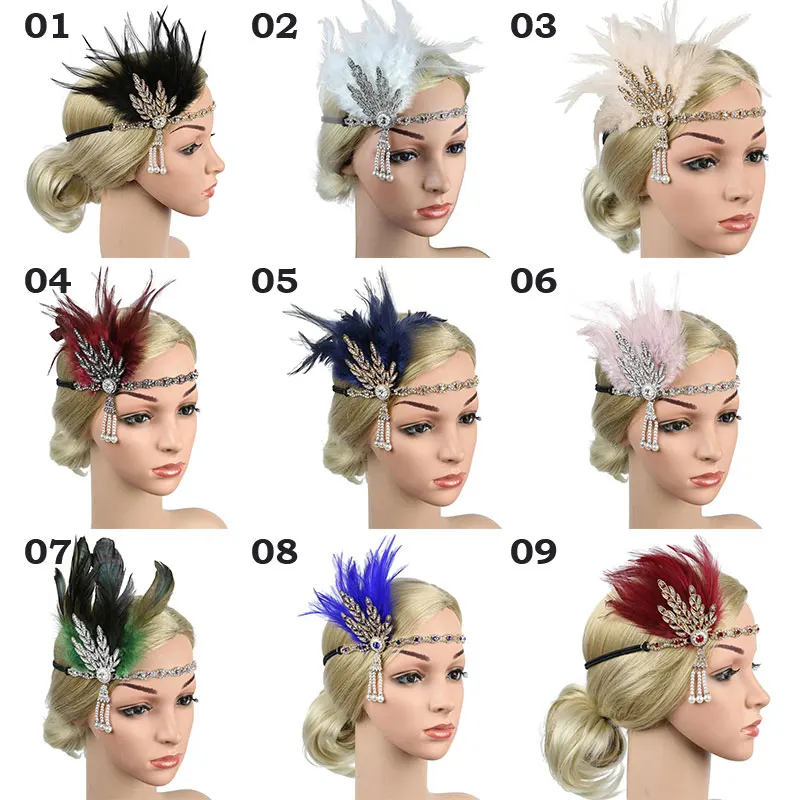 Diadema de plumas para mujer, diadema de Flapper, tocado Vintage, fiesta de disfraces, diadema de plumas de diamantes de imitación, accesorios para el cabello