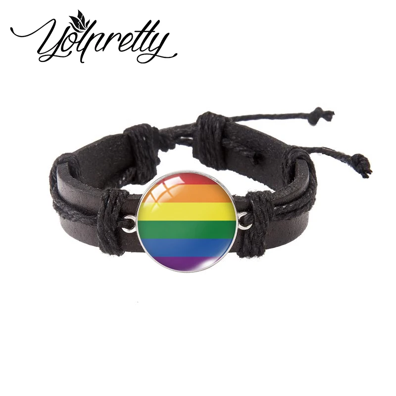 2023 New Arrival Les Gay Bi Trans Pride Rainbow Flag Glass Dome Bracelet Handcraft Jewelry Black Leather Bracelets for Men