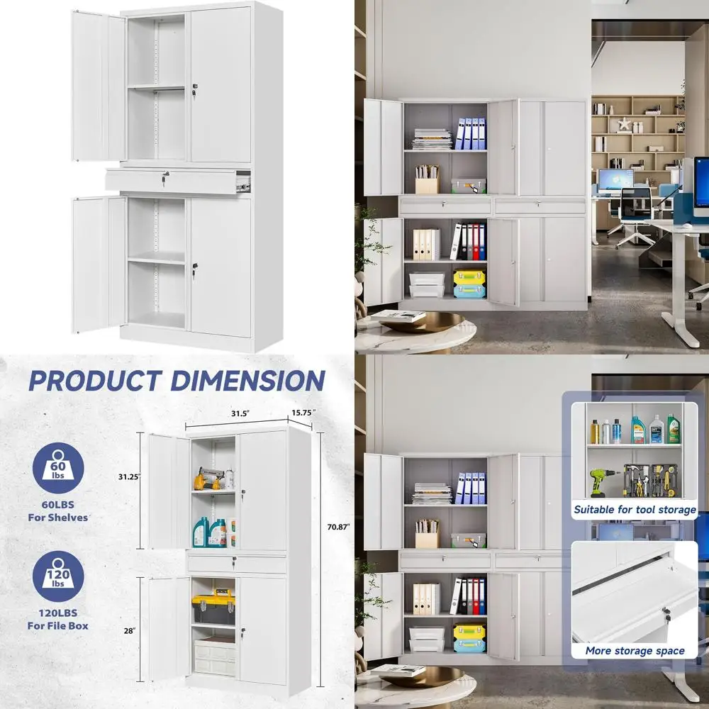 

72, регулируемый металлический шкаф с запираемыми стеллажами для гаража, дома, офиса, спортзала, школы - белый