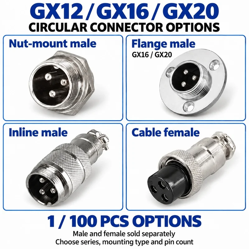 GX12 GX16 GX20 Circular Aviation Connectors 2 to 10 Pin Male Female Nut Flange Inline Plug Socket 1 or 100PC Solder Pack Options