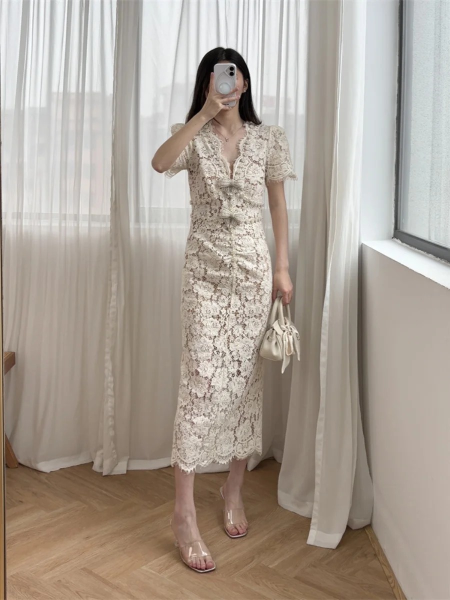 

Elegant Long Lace Dress with Pearl Trim And Sequin Knot V-Neck Evening Gown Heavy Embroidery Casual Style Ladies Dress