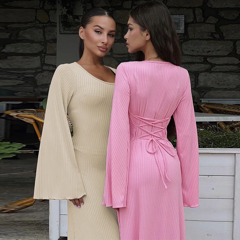 

Scoop Neck Lace-Up Ribbed Maxi Dress Female Long Sleeve Fashion Slim Loose Bandage Dress Autumn 2024 Solid Women Dress New
