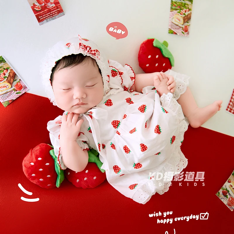 strawberry-fruit-theme-baby-photography-outfit-baby-girl-polka-dot-dress-newborn-photography-props-strawberry-cards-decs-props