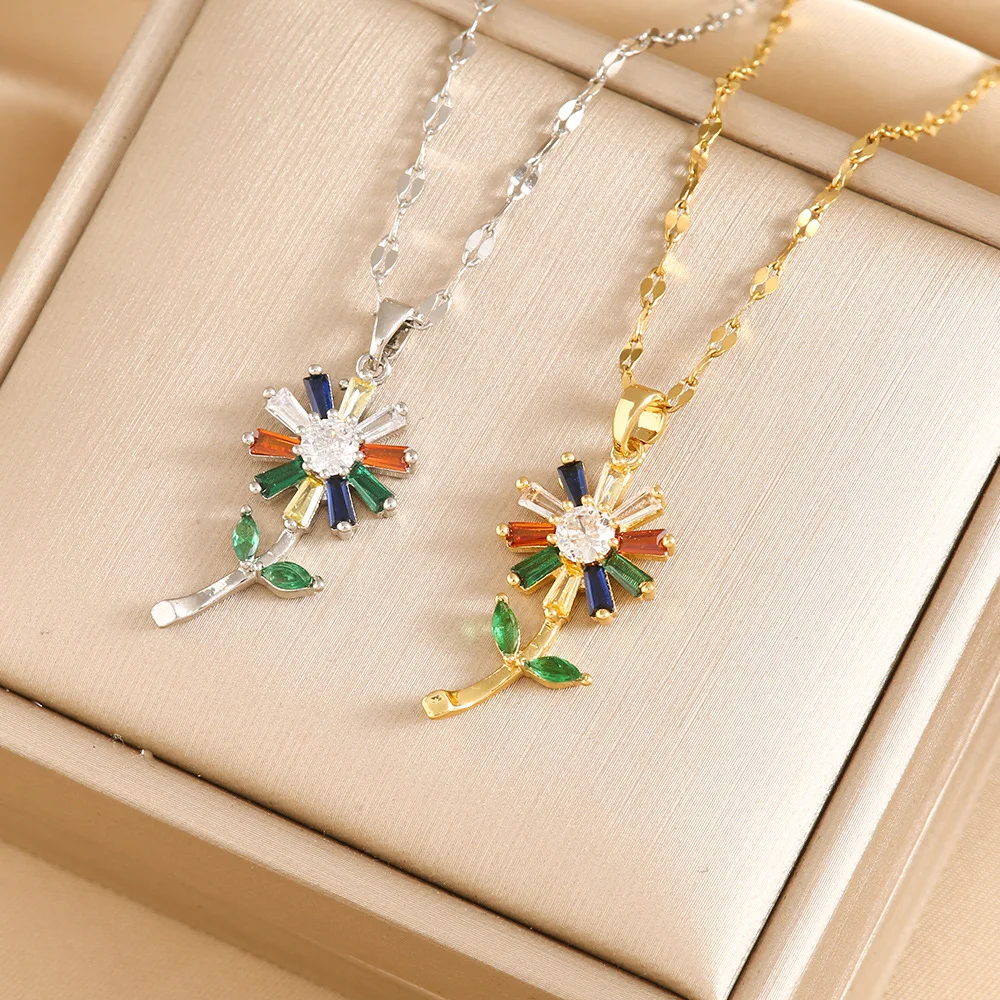 Light Luxury and Exquisite Design Sense Colorful Copper Inlaid Zirconium  Explosion Models Daisy Sunflower Pendant Necklace