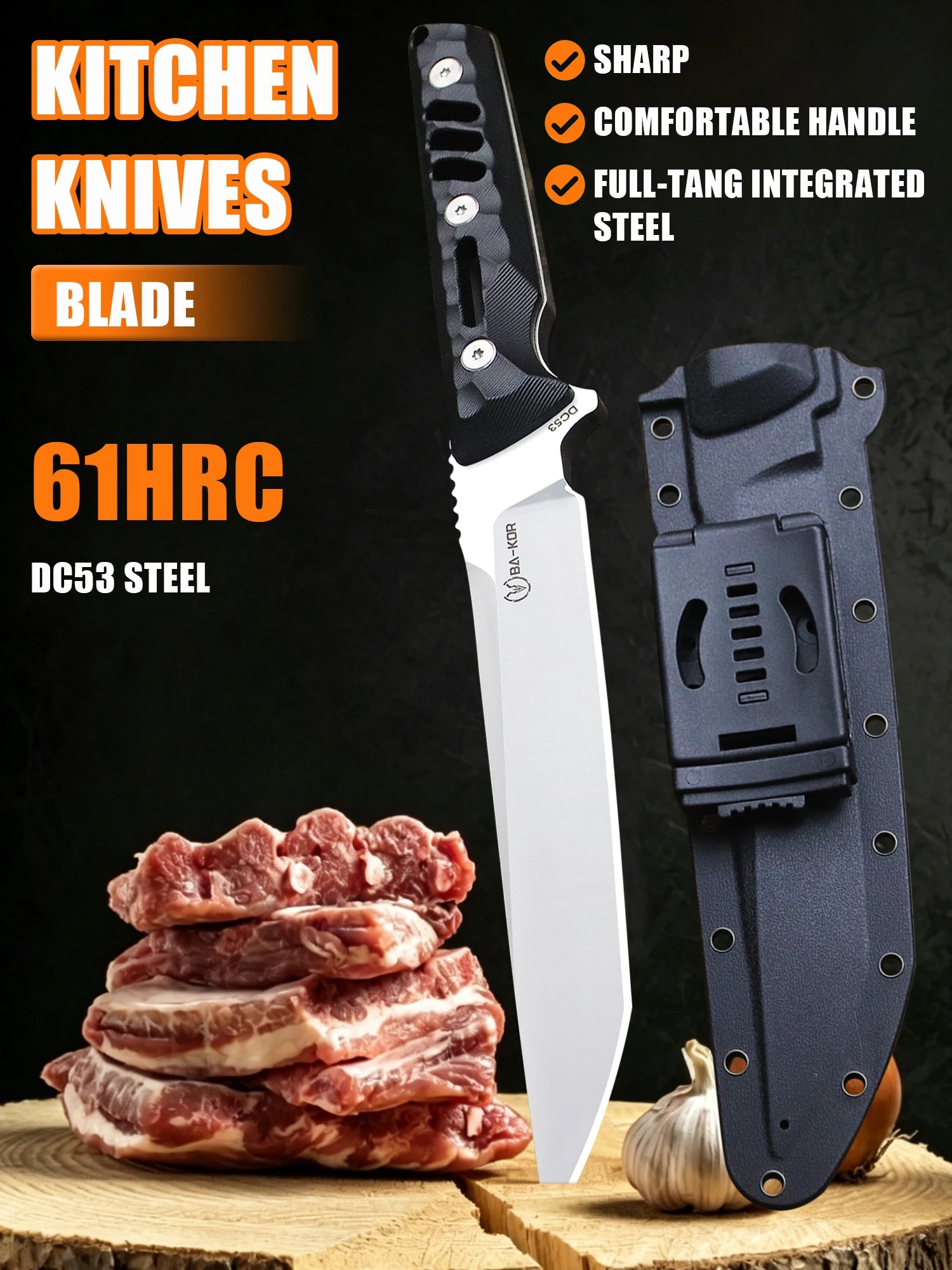 BA-KOR USA 8mm DC53 steel 14.2-inch chef's knife, boneless knife, multi-purpose kitchen knife + sheath