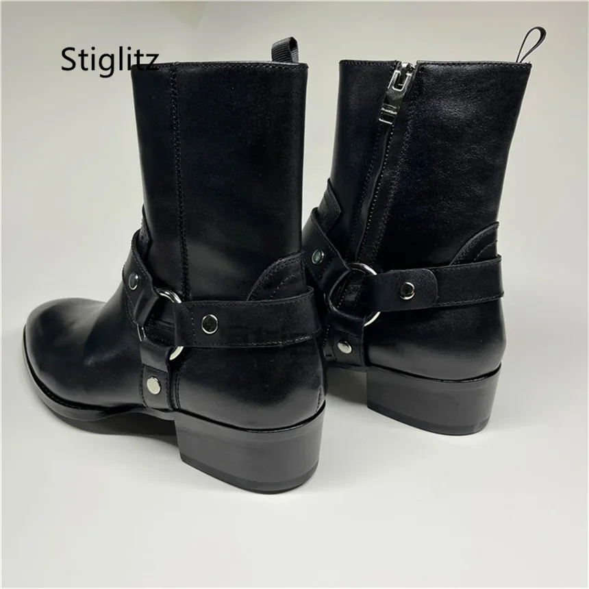 Black Genuine Leather Men's Ankle Boots Med Heel Circle Buckle Side Zip Handmade Chains Chelsea Boots Office Dress Shoes