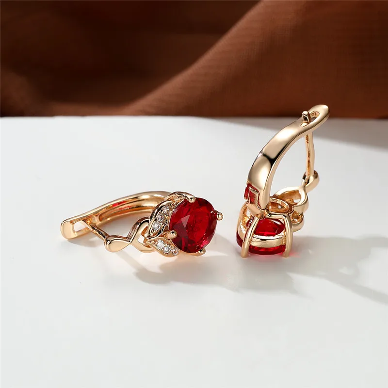 Classic Round Red Zircon Hoop Earring Luxury Female Crystal Stone Jewelry Charm Gold Color Birthstone Earrings For Women