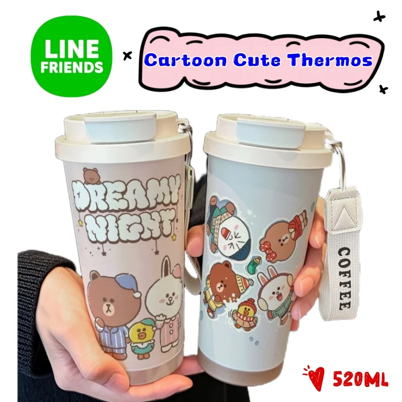 

New LINE Friends Brown, Cony, Sally High-Quality Cute Cartoon Student Portable Stainless Steel Straw Thermos Cup Large Capacity