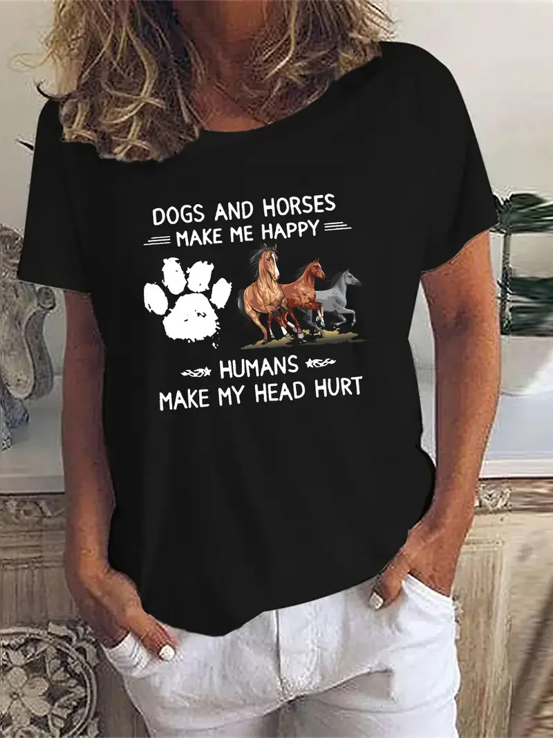 Dogs And Horses Make Me Happy Humans Make My Head Hurt Shirt Horse Lover Shirt Women's West Horse Fashion Summer Women's T-shirt