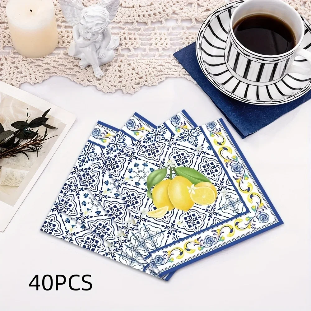 40pcs Blue and White Porcelain Lemon Disposable Napkins Square Printed Paper Placemats for Holiday Party Table Setting Decor