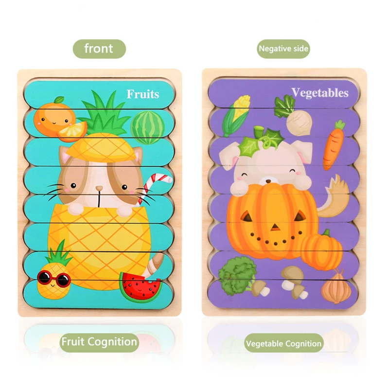 Baby Wooden Double Sided Strip 3D Puzzles, Jogo de Combinar Animais, Desenhos Animados, Brinquedos Educativos Montessori, Presentes para Crianças, 1 Ano, 2 Anos, 3 Anos de Idade