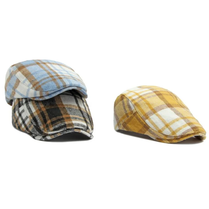 2023 Autumn Cotton Plaid Print Newsboy Caps Flat Peaked Cap Men and Women Painter Beret Hats 139