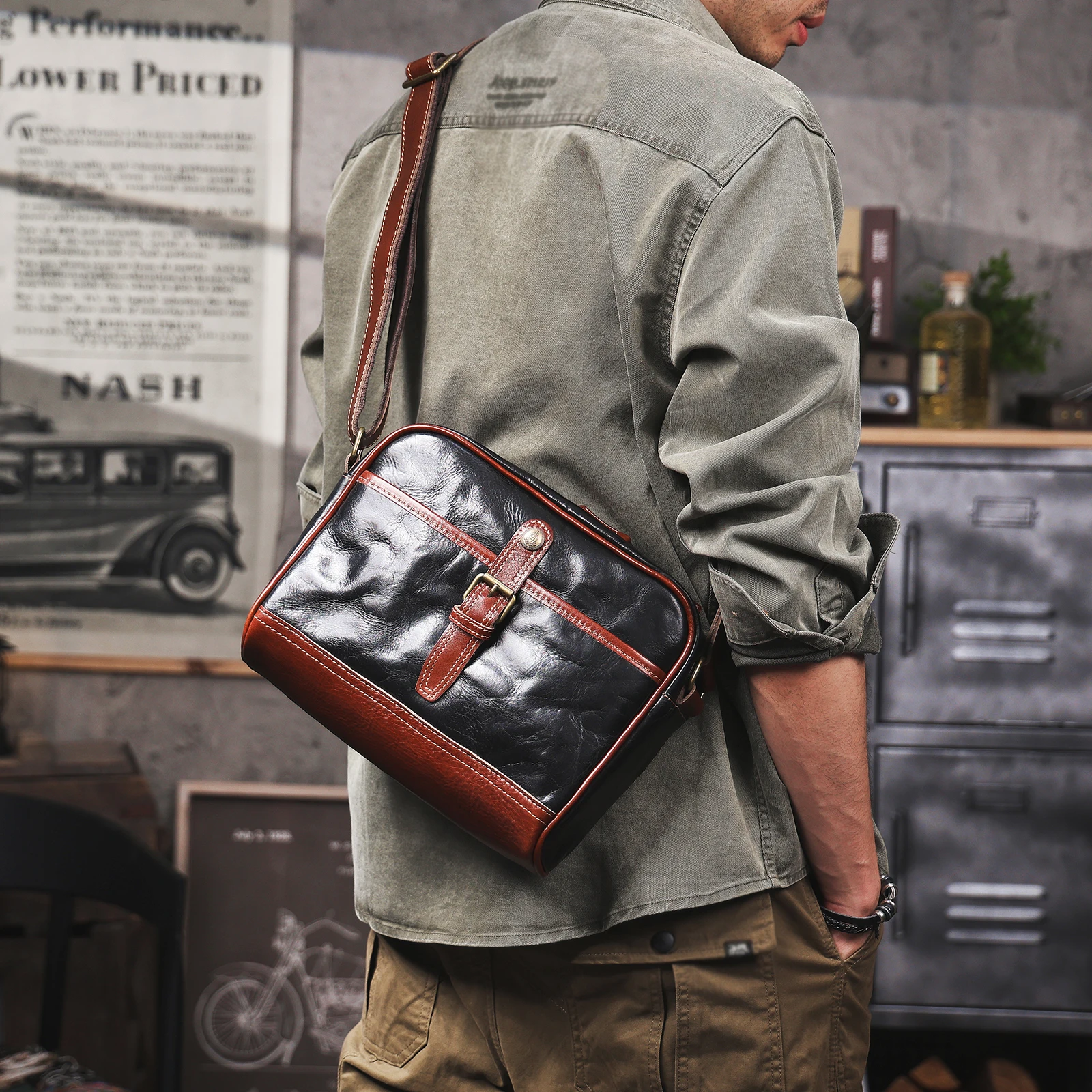 S.WORKER Vollnarbenleder-Umhängetasche für Herren Vintage Echtleder Herrenmode Schultertasche Messenger Bag – Detail 4