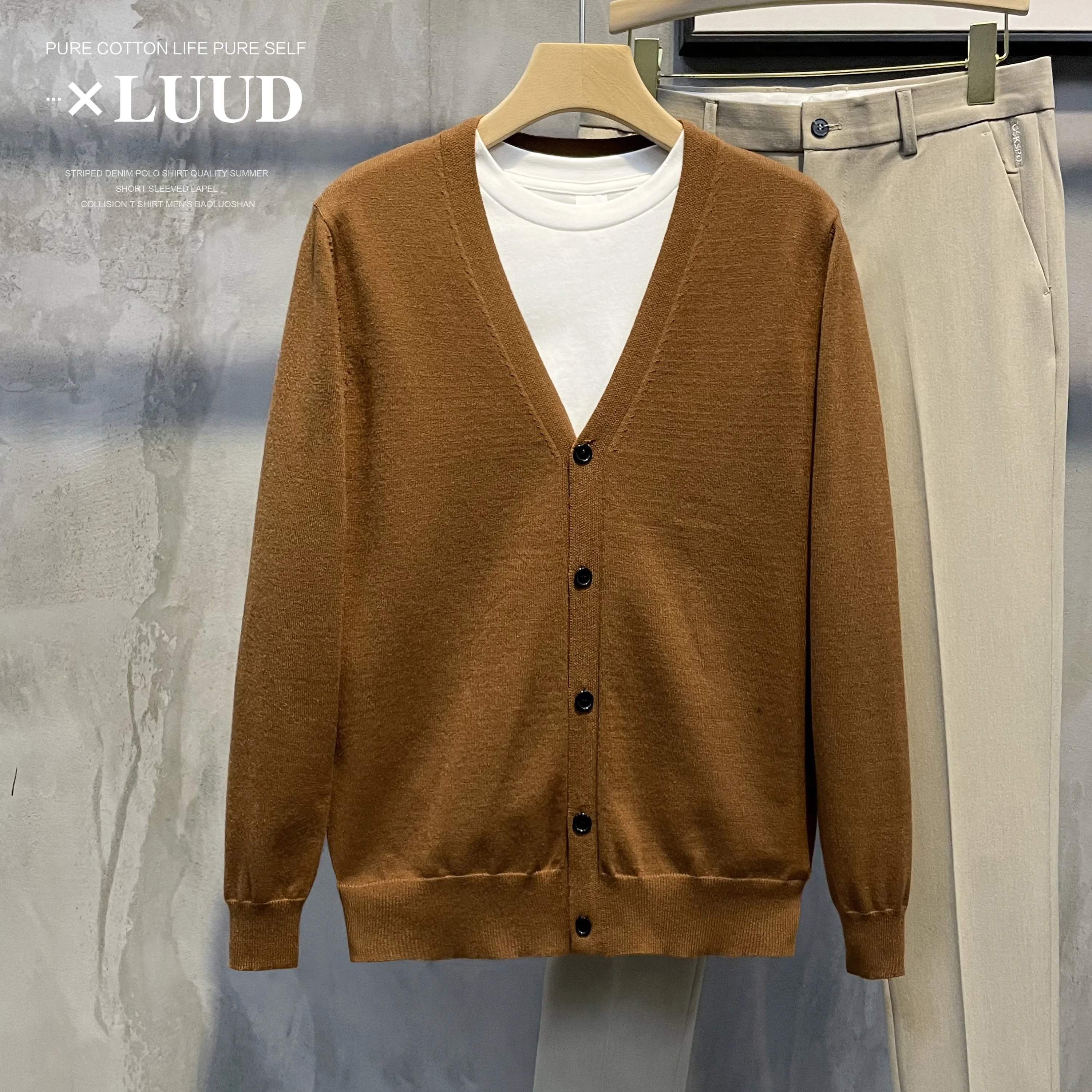 Luud Maglione da uomo lavorato a maglia con scollo a V e bottone singolo Versatile autunno inverno Cappotto lungo casual in puro colore casual