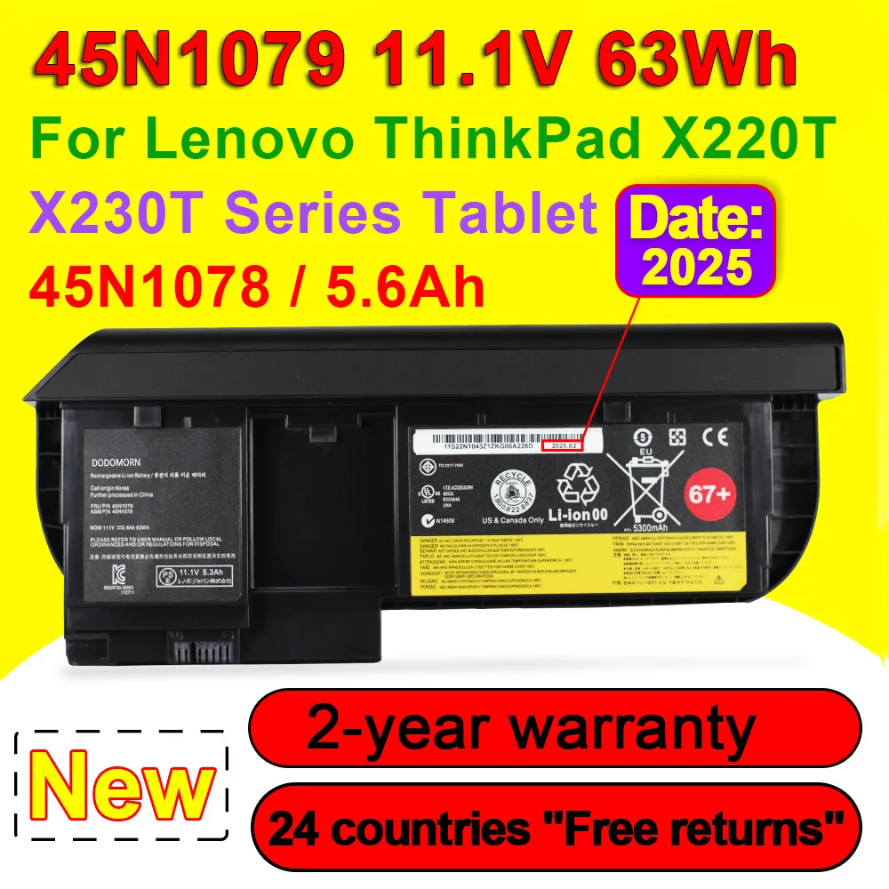 

45N1079 45N1078 For Lenovo ThinkPad X220T X230T Series Tablet Battery 45N1074 45N1075 45N1077 Laptop 11.1V 63Wh 5600mAh 67+