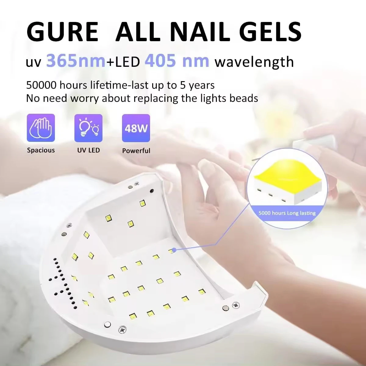 مصباح أظافر محمول بقدرة 48 وات لطلاء الجل - مجفف إضاءة بالأشعة فوق البنفسجية/LED سريع المعالجة مع 3 مؤقتات، للمنزل والصالونات مانيكير والباديكير