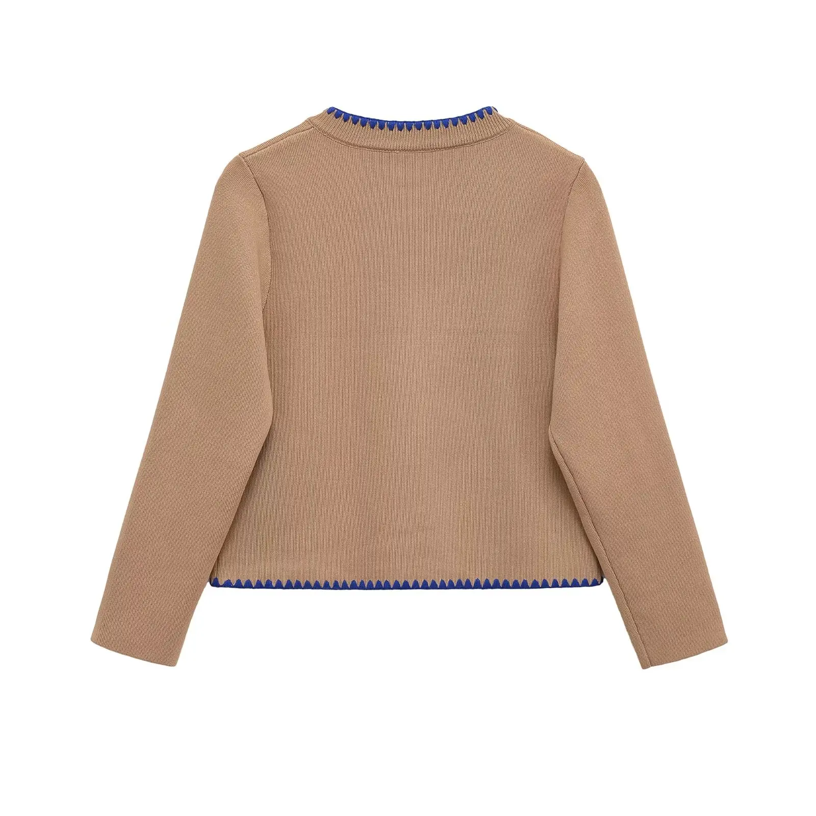 2025 женский осенний новый контрастный цветной отделки, повседневный модный универсальный короткий вязаный кардиган с круглым вырезом