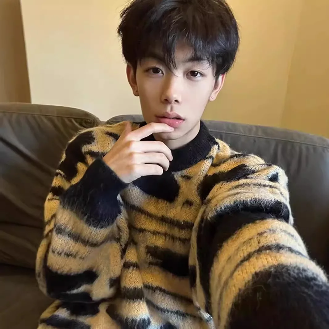 

Полосатый свитер имбирного цвета, мужской дизайн, Свободный вязаный свитер с напуском и ворсом, мужская куртка для пар