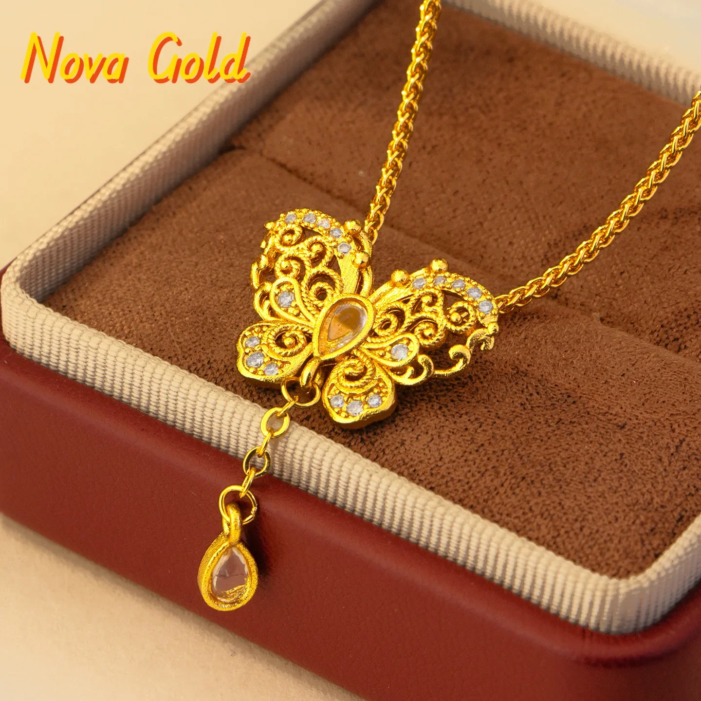 

NovaGlod luxury real gold jewelry au9999 24k certifid hollow point diamond filigree butterfly tassel pendant women's clavicle ch
