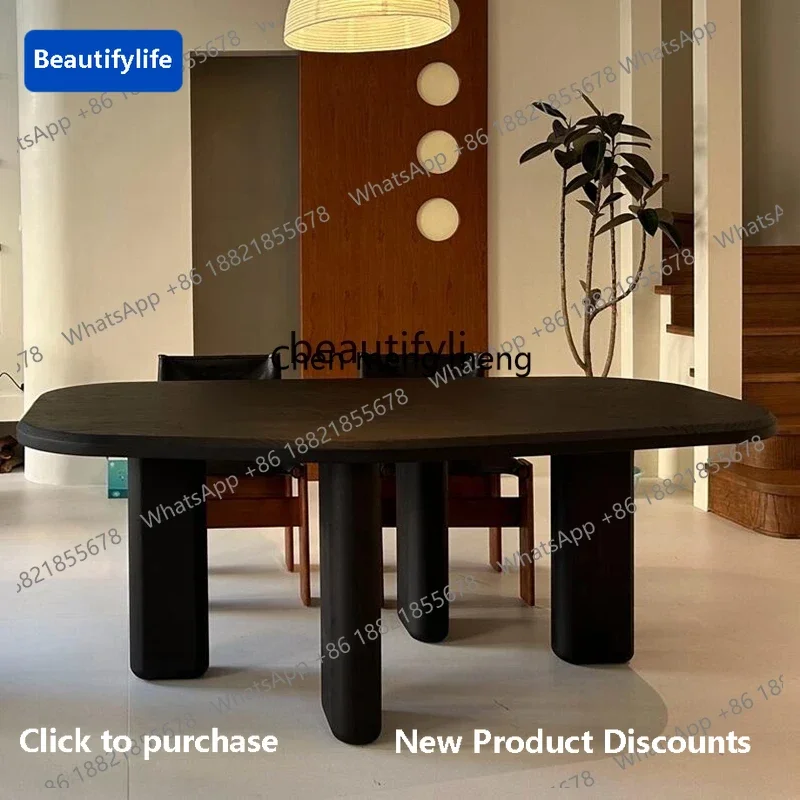 

183Solid wood dining table, silent wind, ancient and retro black walnut dining table, large apartment dining table Italian style