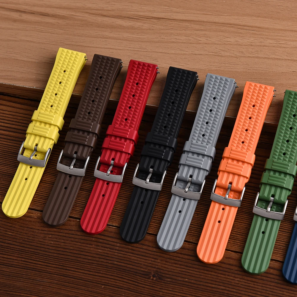 FKM Rubber Waffle Watch Strap 20mm 22mm Fluororubber Universal Diver Waterproof Comfortable Sports Fast Release Watchbands