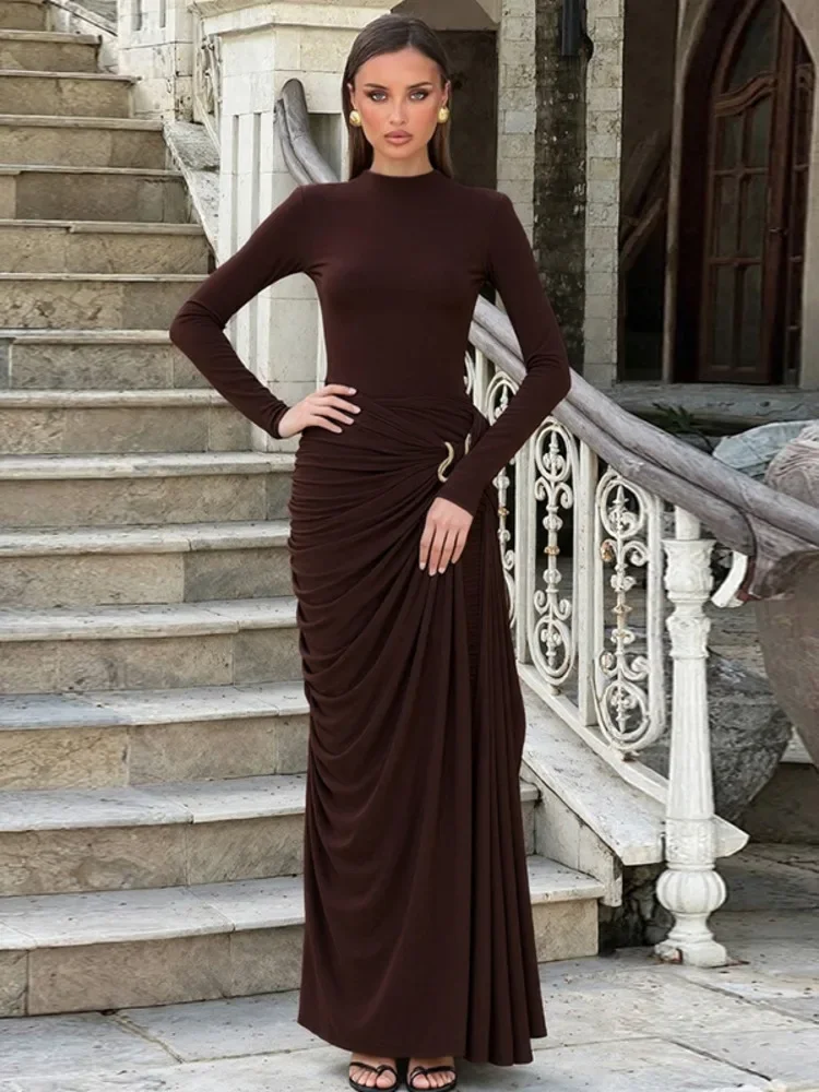 XIAOTANG Lange Mouw Ruches Sexy Maxi Jurk Vrouwen Jurk Elegante O Hals Hoge Taille Metalen Gesp Bodycon Club Party Lange Jurken