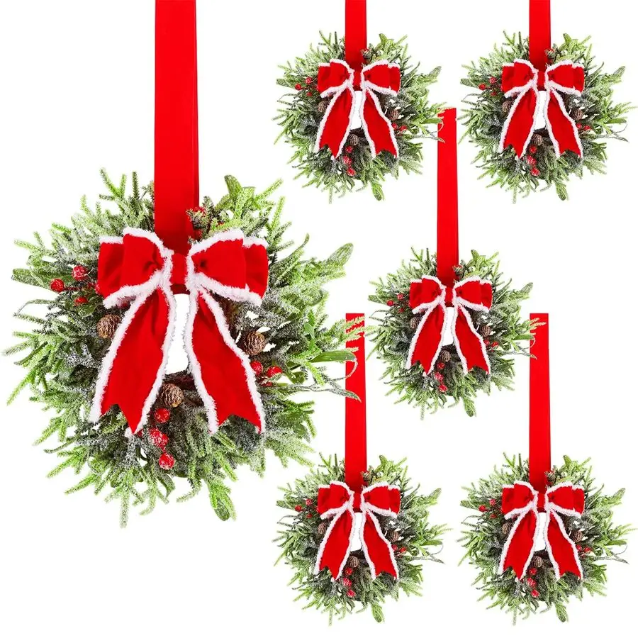 

6 Pcs Christmas Wreath, 12 Christmas Mini Wreaths for Cabinets with Red Bows, Artificial Small Xmas Wreaths Hanging Decoration G