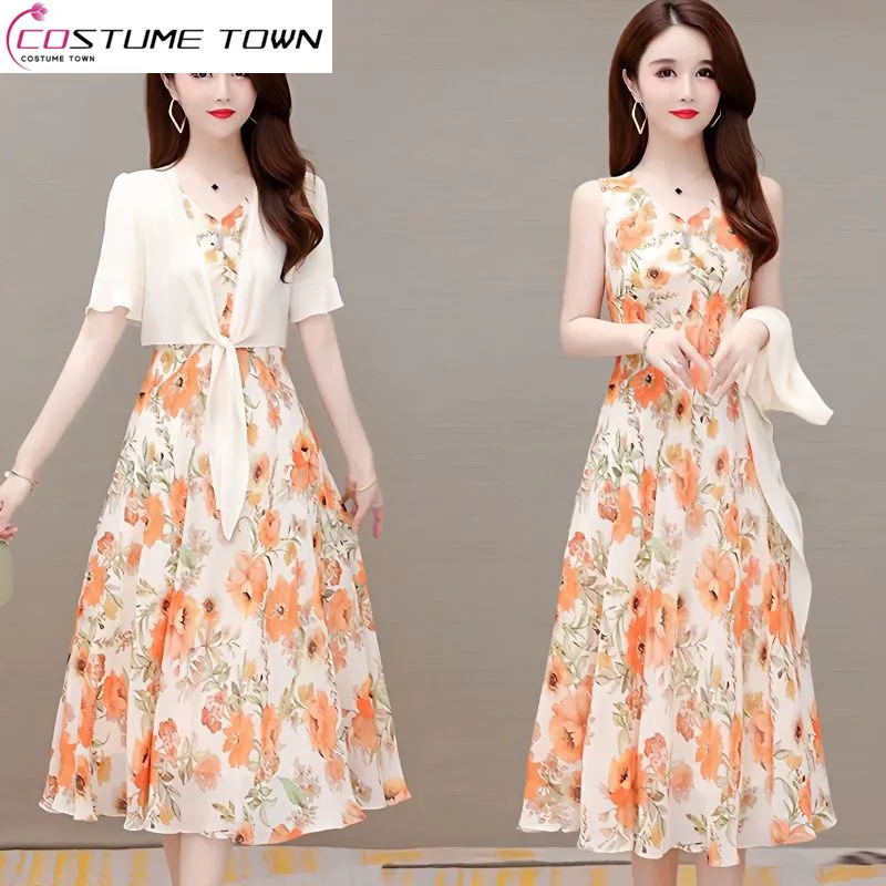 Dress Women's Summer 2023 New High End Fashion Sun Protection Outwear with Reduced Age Fragmented Flower Long Dress