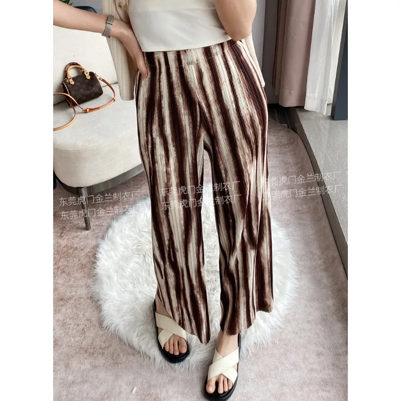 Gghk plissierte Frauen Freizeit hose gestreifte bedruckte hohe Taille lose große Retro-Design Hose mit weitem Bein 2024 neue gefaltete Hose