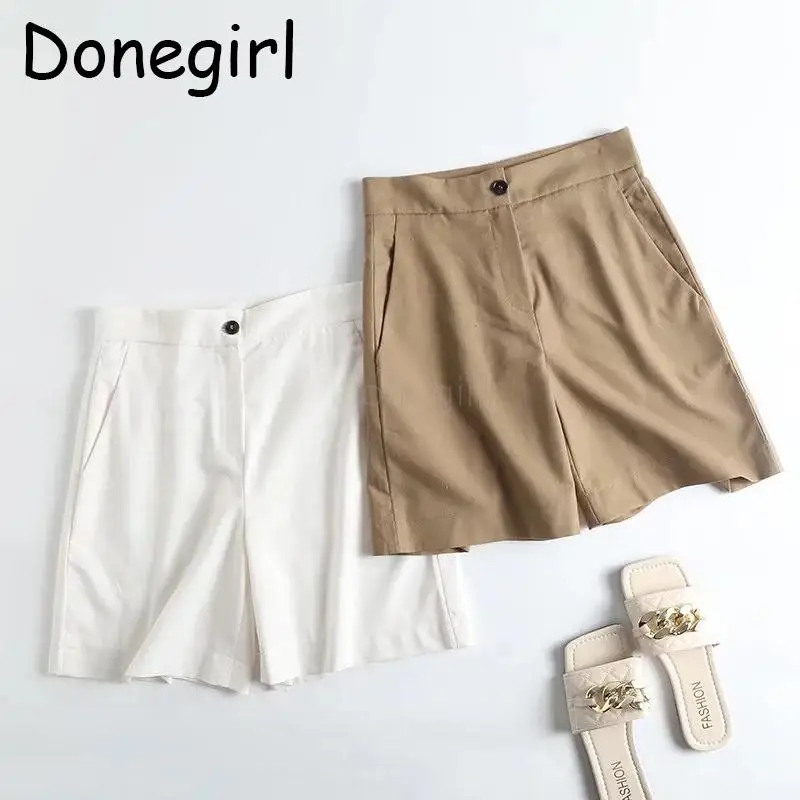 

Donegirl 2023Women Summer Fashion New Linen High Waist Straight Leg Short Pants Solid Casual Simple Versatile Shorts Female Chic