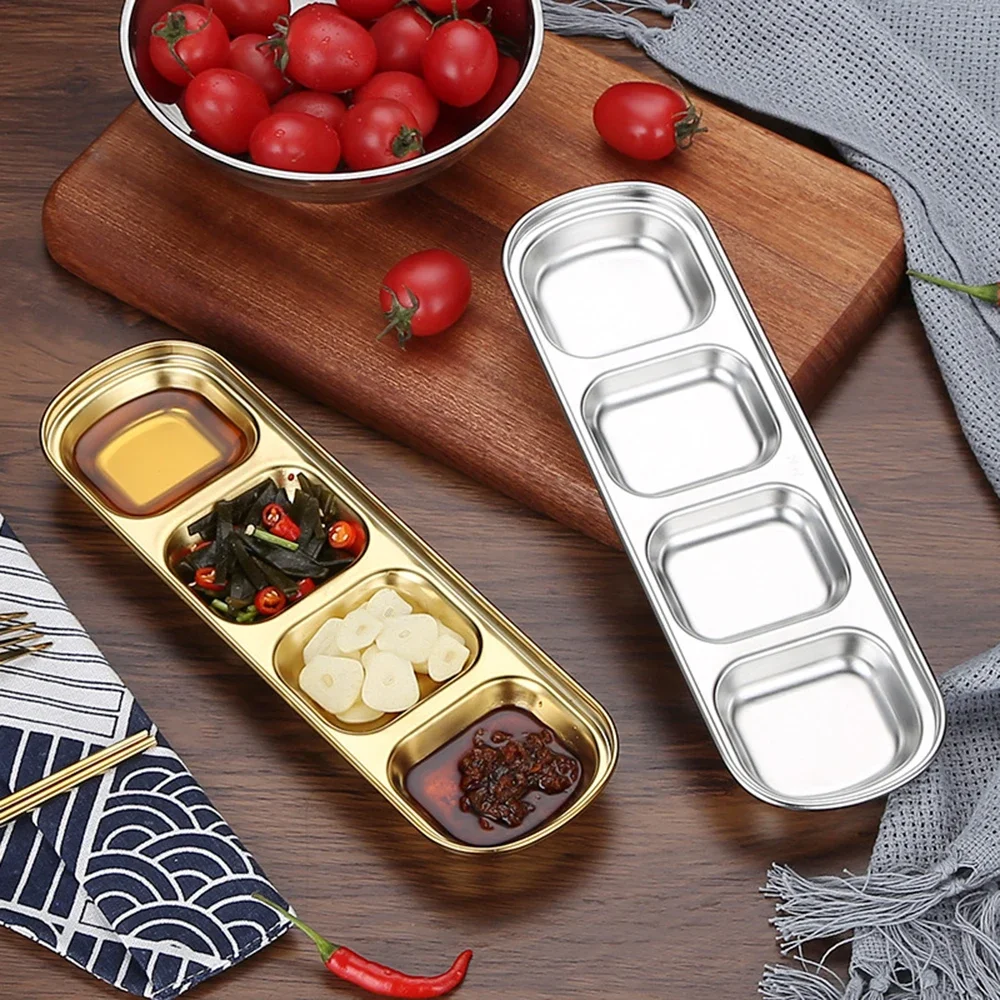 Stainless Steel Dish Dipping Sauce Multi-grid Barbecue Dipping Dish Dipping Bowls Vinegar Plates Kitchen Tableware 1/2/3/4 Grids