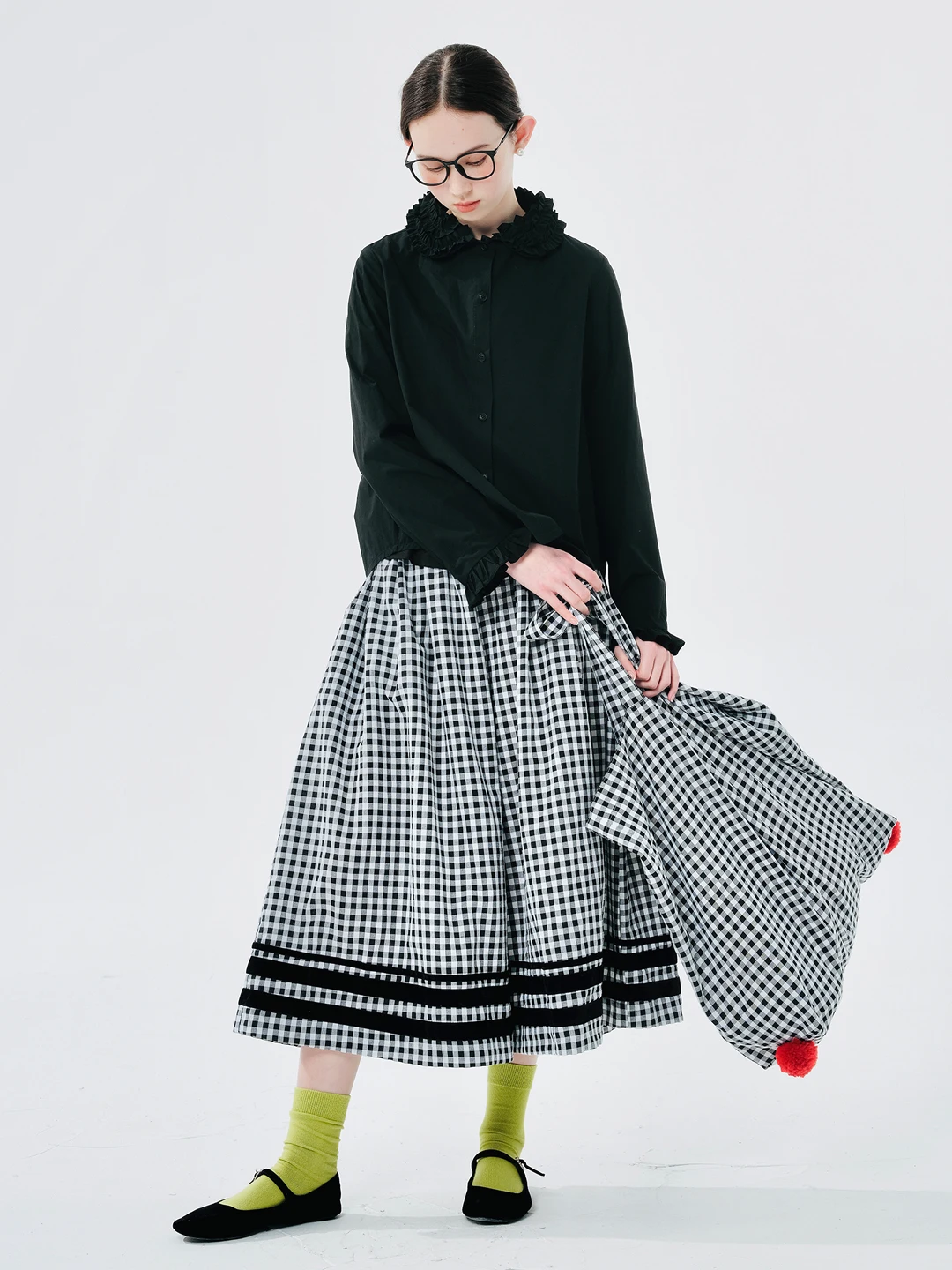 

imakokoni 2024 spring new pure cotton black and white plaid culottes women's loose casual pants 244573