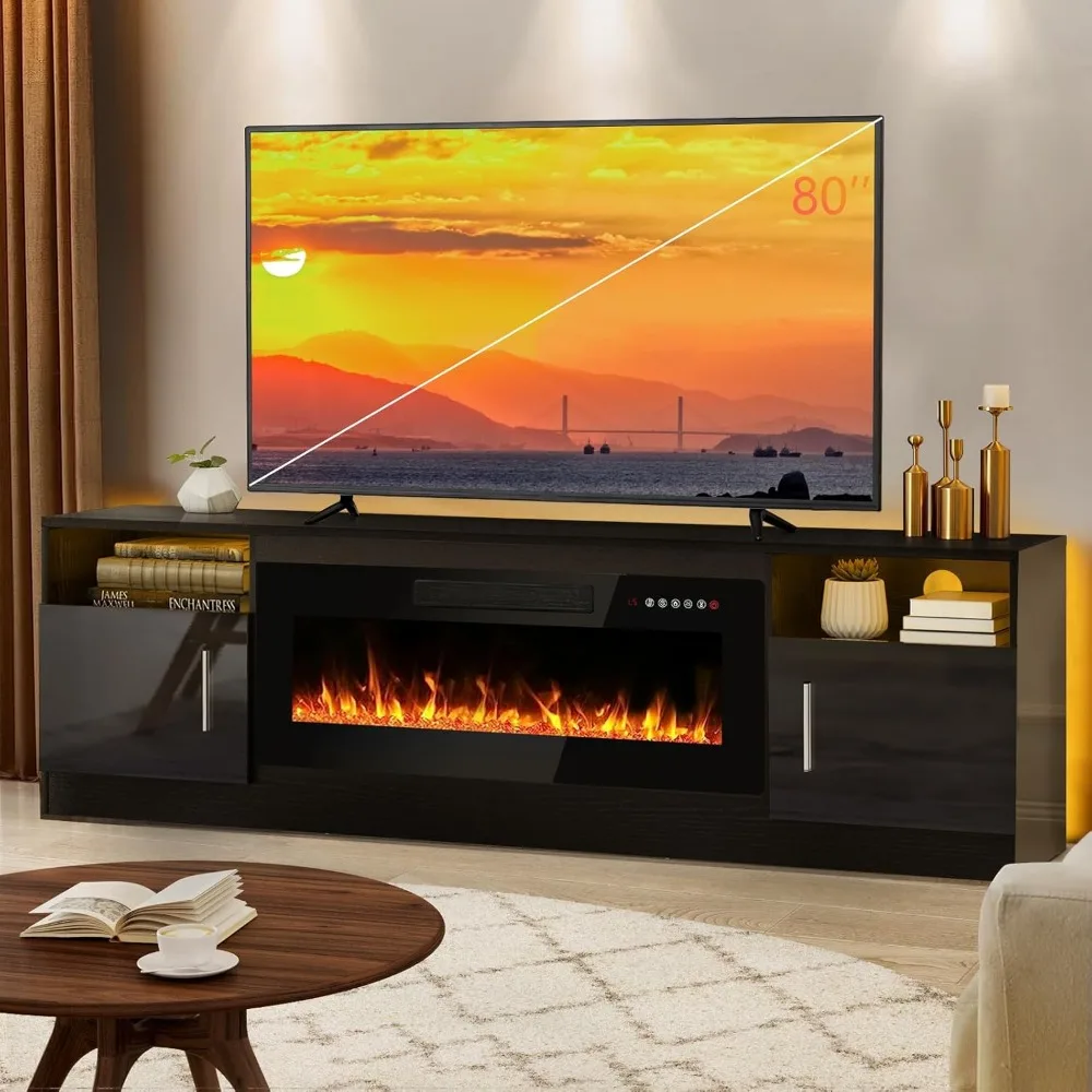 Modern 70 Wood Media Console with 36 LED Fireplace, Storage, and Entertainment Center for TVs up to 80