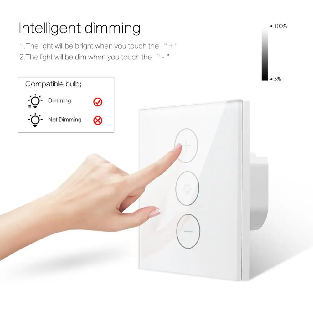 Tuya WiFi Smart Switch Light, Sem Fio, Touch Dimming, Controle de Parede, LED, Remote ON, Off, Dimmer, Trabalhar com Alexa, Google Home Voice