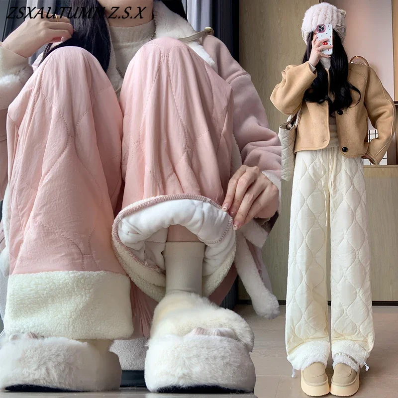 

Autumn Winter Fleece Thickened Casual Loose Pants Women 2024 New Warm Pink Pants Cotton Pants Fashion Lazy Trousers Female