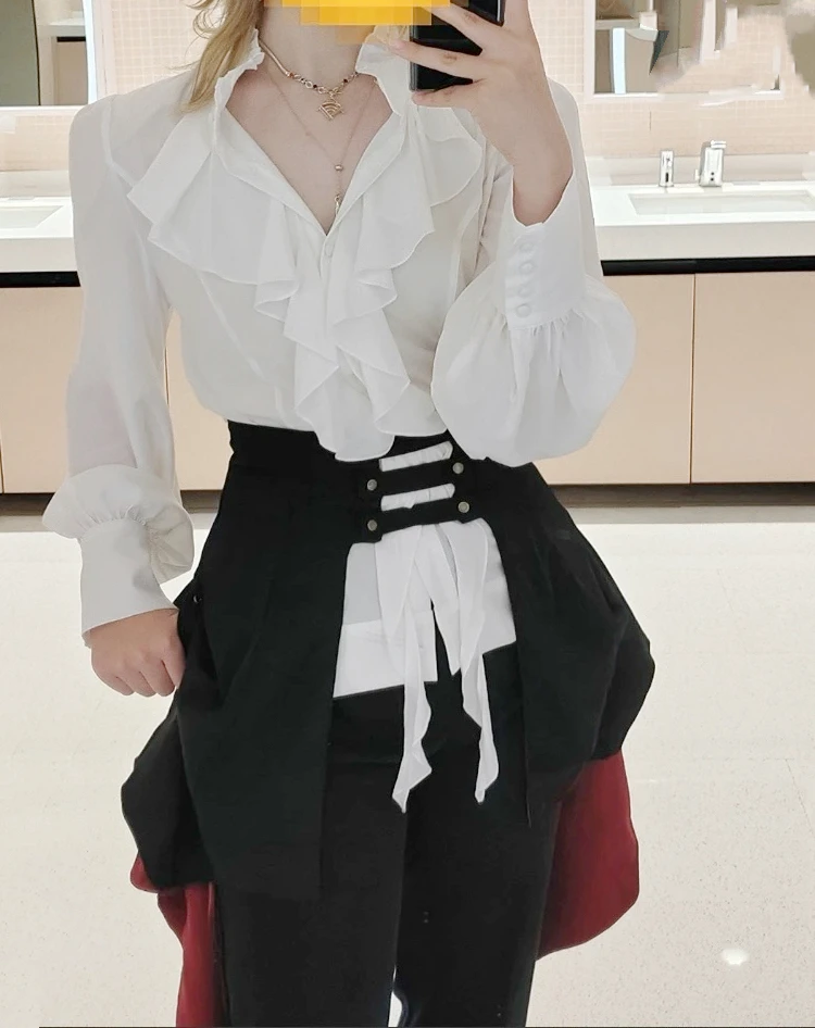 Y2k French Elegant High-End Slim Vintage Ruffled Long Sleeve Women Shirts 2000s Autumn England Style Pure Color Dark Blouse Chic