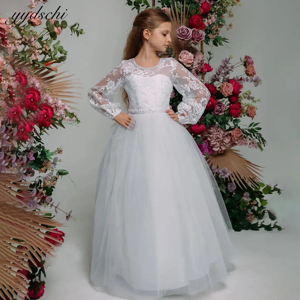 

Elegant White Sparkling Pearls Beading Flower Girl Dress For Wedding 2023 Princess A-Line Lace Long Sleeves First Communion Gown