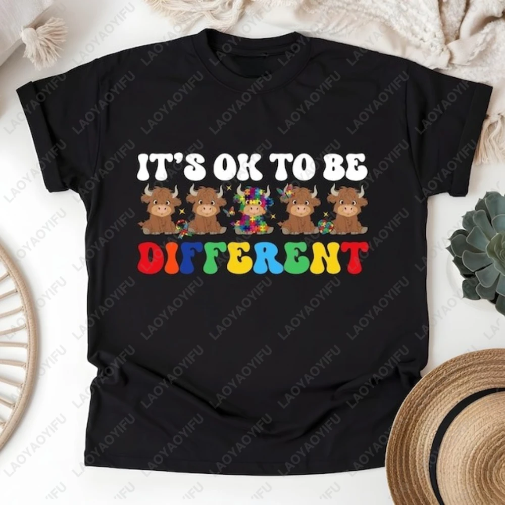 

It's Ok To Be Different T-Shirt Autism Awareness Cow Design Graphic T Shirts Bull Puzzle Printed Woman Men Cotton Tshirt