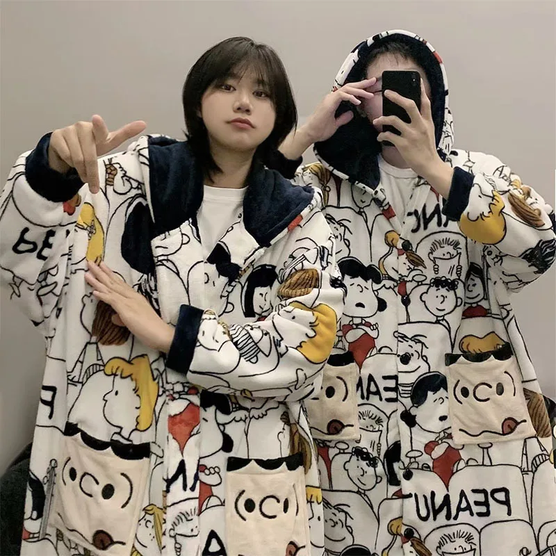 Kawaii Peanuts Comic Cartoon Bathrobe Couple Soft Flannel Hooded Robe Warm Thick Plush Loose Homewear Men Women Sleep Robe New