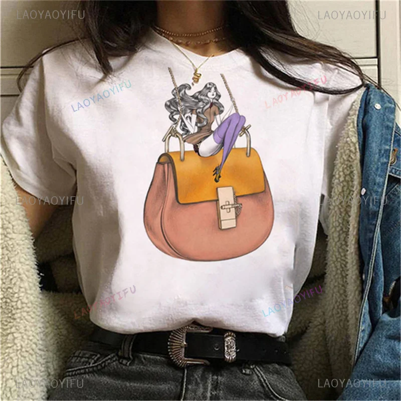 Handbag lady Graphic Print  Luxury Fashion simple  Summer Casual O-Neck Short Sleeve Versatile Women's Tops