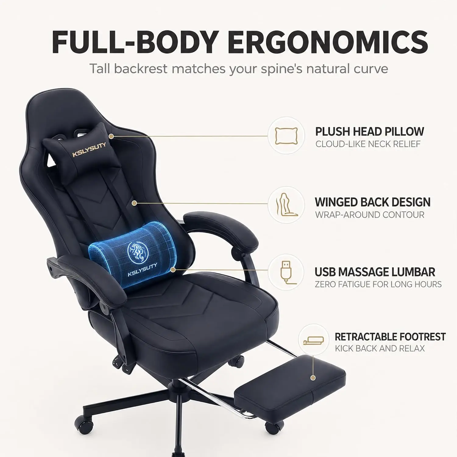 Office Desk Computer Gaming Chair for Adults, Ergonomic High Back Gamer Chair with Massage and Pocket Spring Cushion, Swivel Com view 5