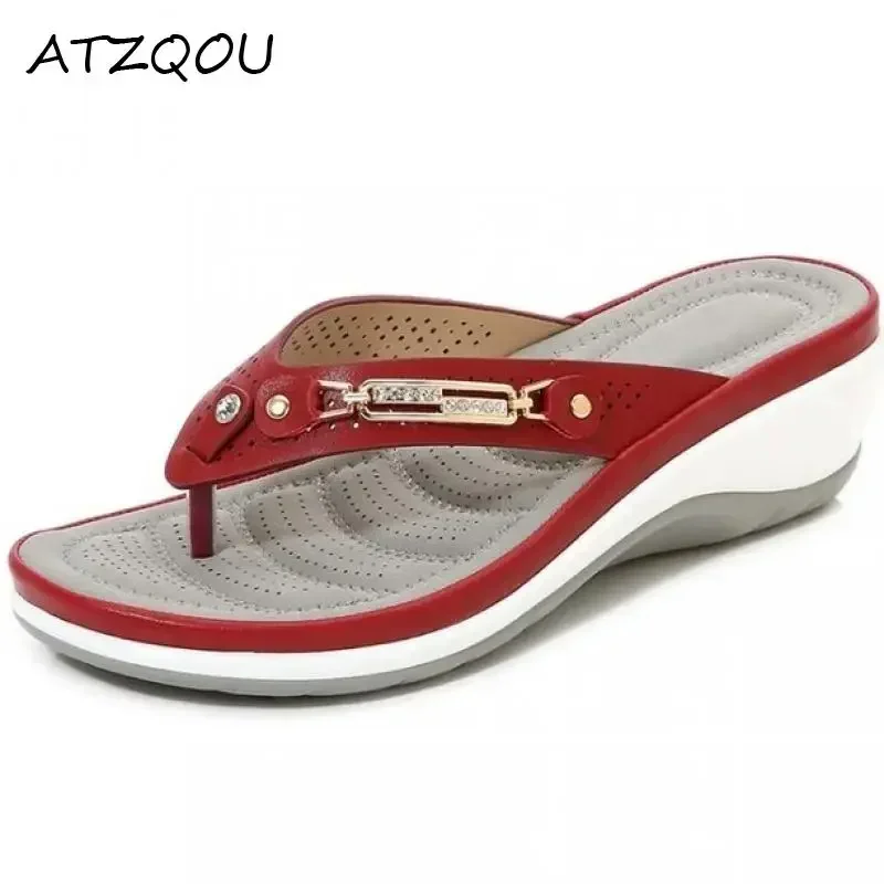 Women's Slippers Summer Metal Button Slides Shoes Wedges Leisure Flip Flops Wedge Beach Sandals Women Outside Platform Slippers