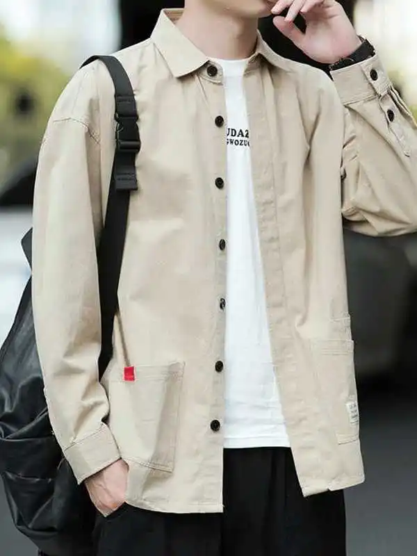 Spring 2023 Men's Oversized Cotton Cargo Shirt Long Sleeve Thickened Fleece  Neck Inner Wear for All Seasons