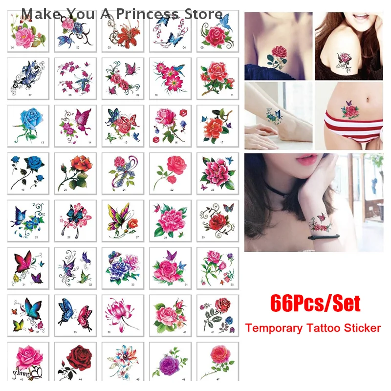 66 Sheet Fashion Colorful Flowers Tattoo Women New Waterproof Temporary Black Tattoo Sticker Body Art