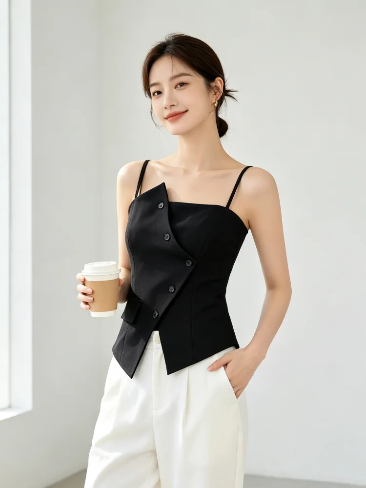 Irregular Simple Asymmetric Front Button Sling Vest for Women, Elegant Office Slim Waist Sleeveless Blazer Cami Top